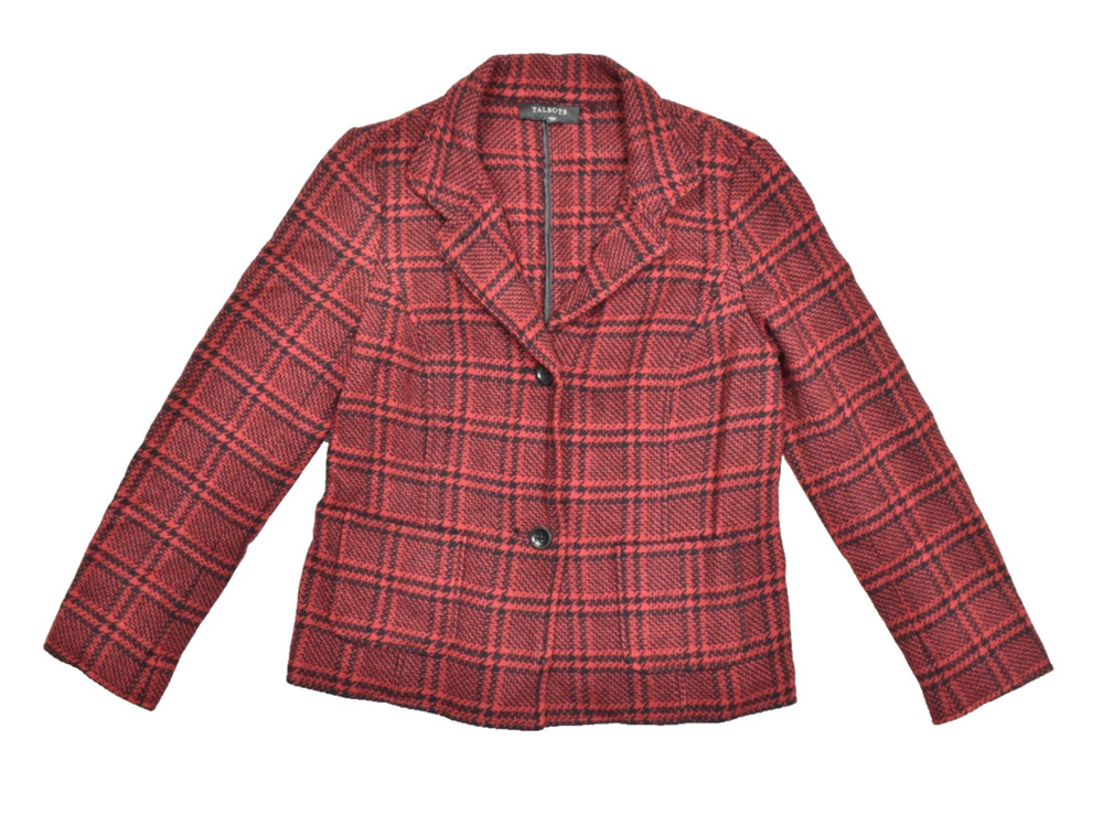 Talbots Size 4 Red Black Plaid Wool Blend Houndstooth Blazer Jacket Two Button